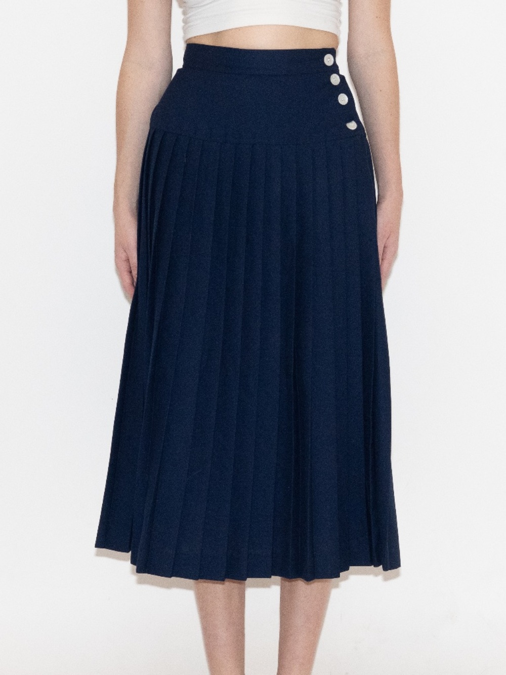 Vintage 70s pleated midi skirt navy blue high waisted size XS chaus